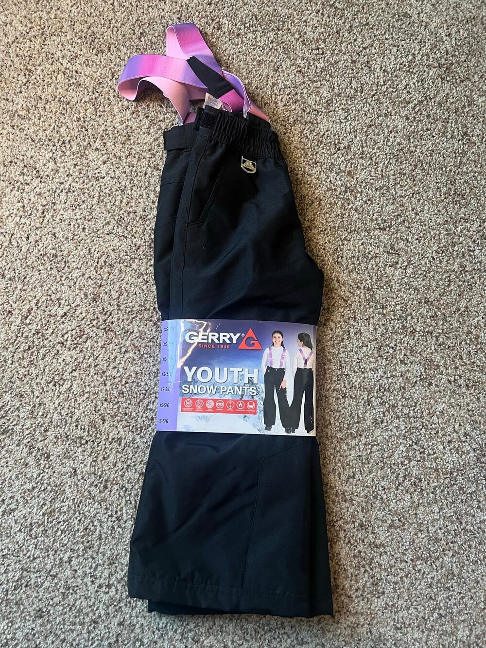 NWT Girls Gerry Youth Snow Pants, 5/6, XS, Black, Suspenders, Fleece, Gator Cuff